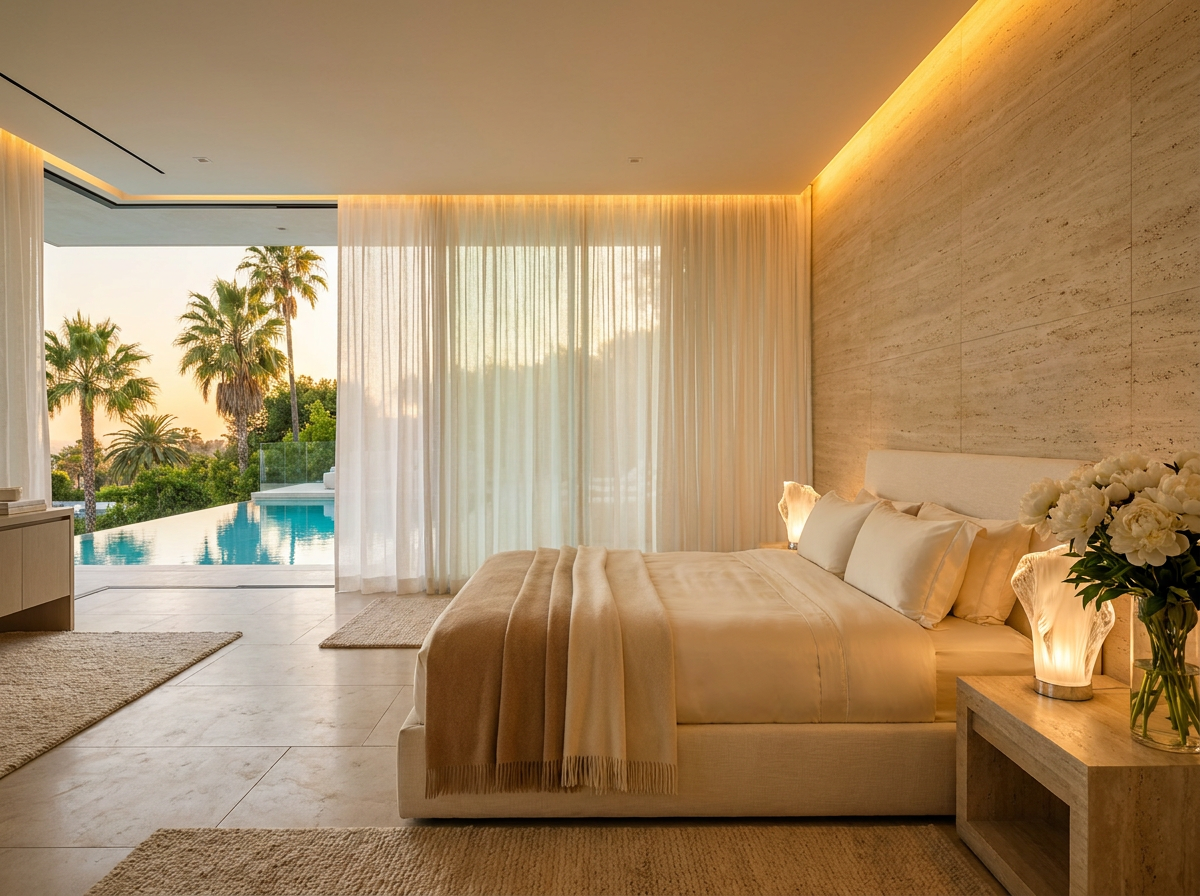 ÖND palatial master bedroom with silk bedding and infinity pool view
