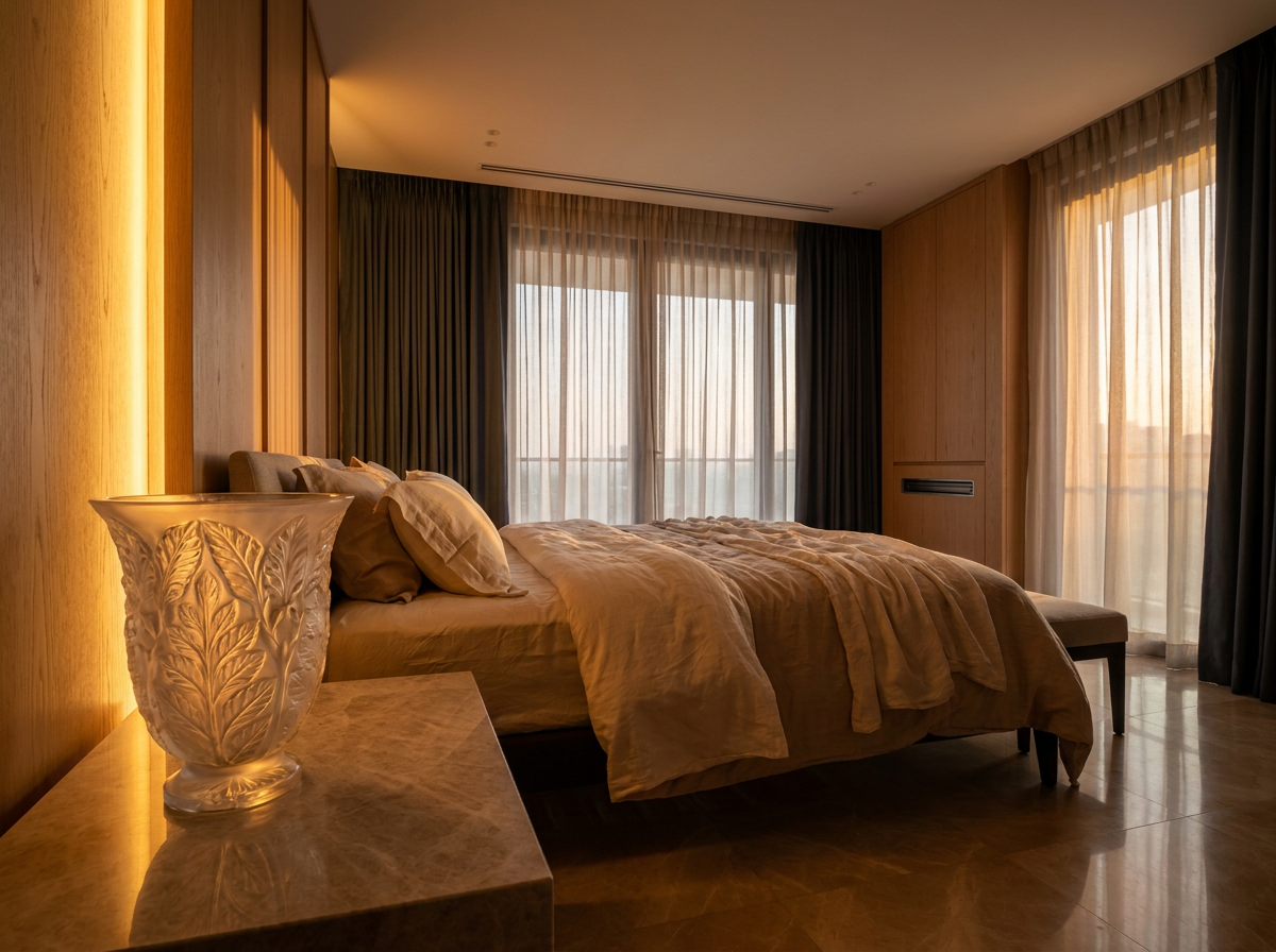 Ultra-luxury bedroom interior with prominent Lalique crystal vase and amber circadian lighting — biohacking design and longevity home by Beverly Hills Luxury Interiors
