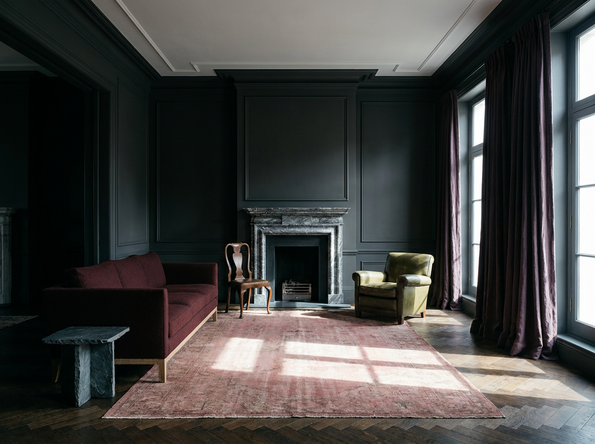 Drawing room specified in oxblood wool and horsehair upholstery, raw linen and bare oak parquet — reducing microplastic exposure and how to remove microplastics from body through material purity