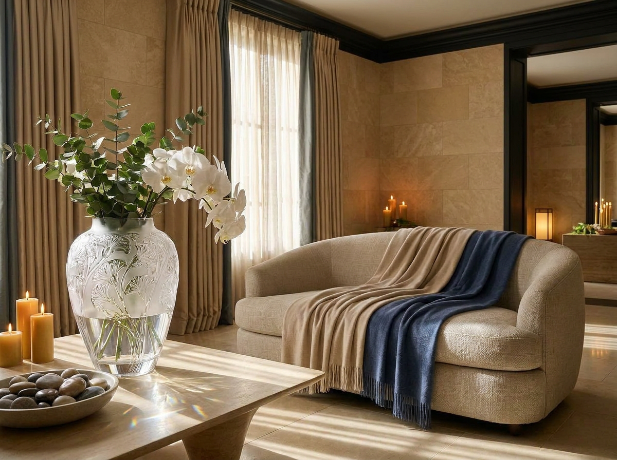 Ultra-luxury interior with prominent Lalique crystal vase — five senses design framework by Beverly Hills Luxury Interiors