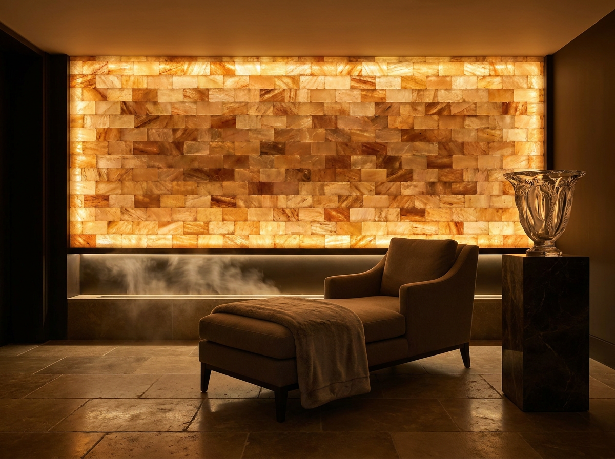 ÖND Himalayan pink salt brick wall backlit in amber — negative ion therapy with purified oxygen mist in a luxury wellness room