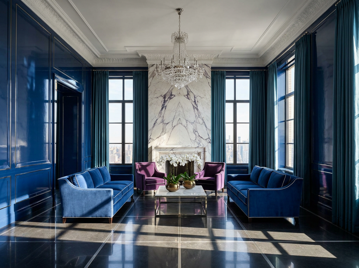 Bespoke penthouse interior design — sapphire and petrol blue grand salon in a Manhattan penthouse with book-matched Calacatta Viola marble chimneypiece, silk velvet seating and mirror-polished dark stone floor, by Beverly Hills Luxury Interiors