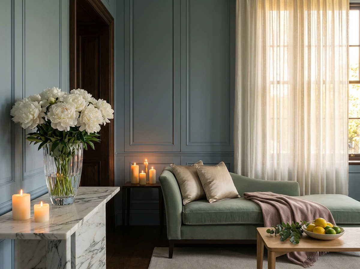 Ultra-luxury drawing room — slate blue panelled walls, crystal glass vase with white peonies on Calacatta marble console, sage green velvet chaise longue, warm amber candlelight, sheer ivory linen curtains — Five Senses luxury design by Beverly Hills Luxury Interiors