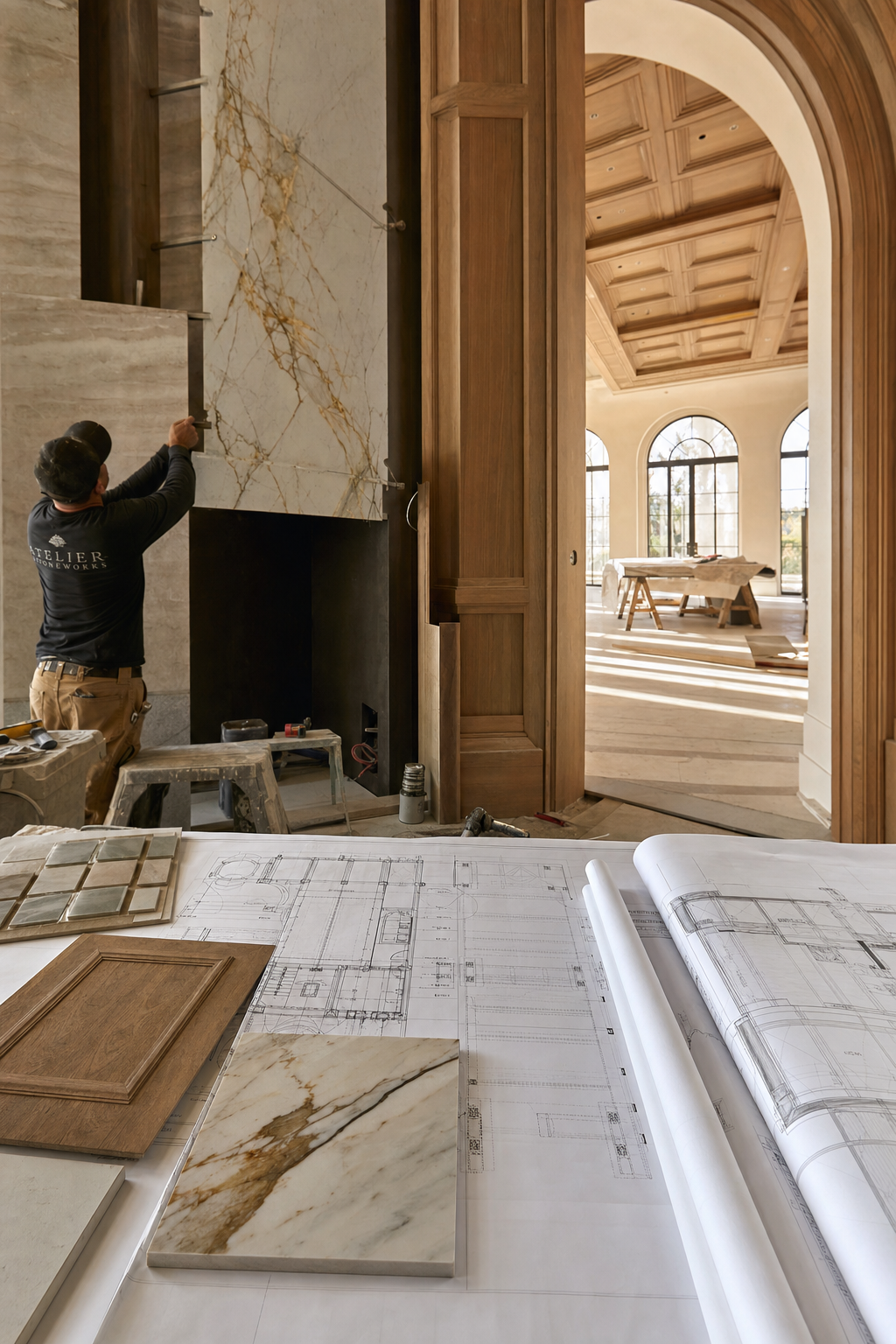 A luxury home renovation in progress, showing fine stone and wood finishes with architectural drawings