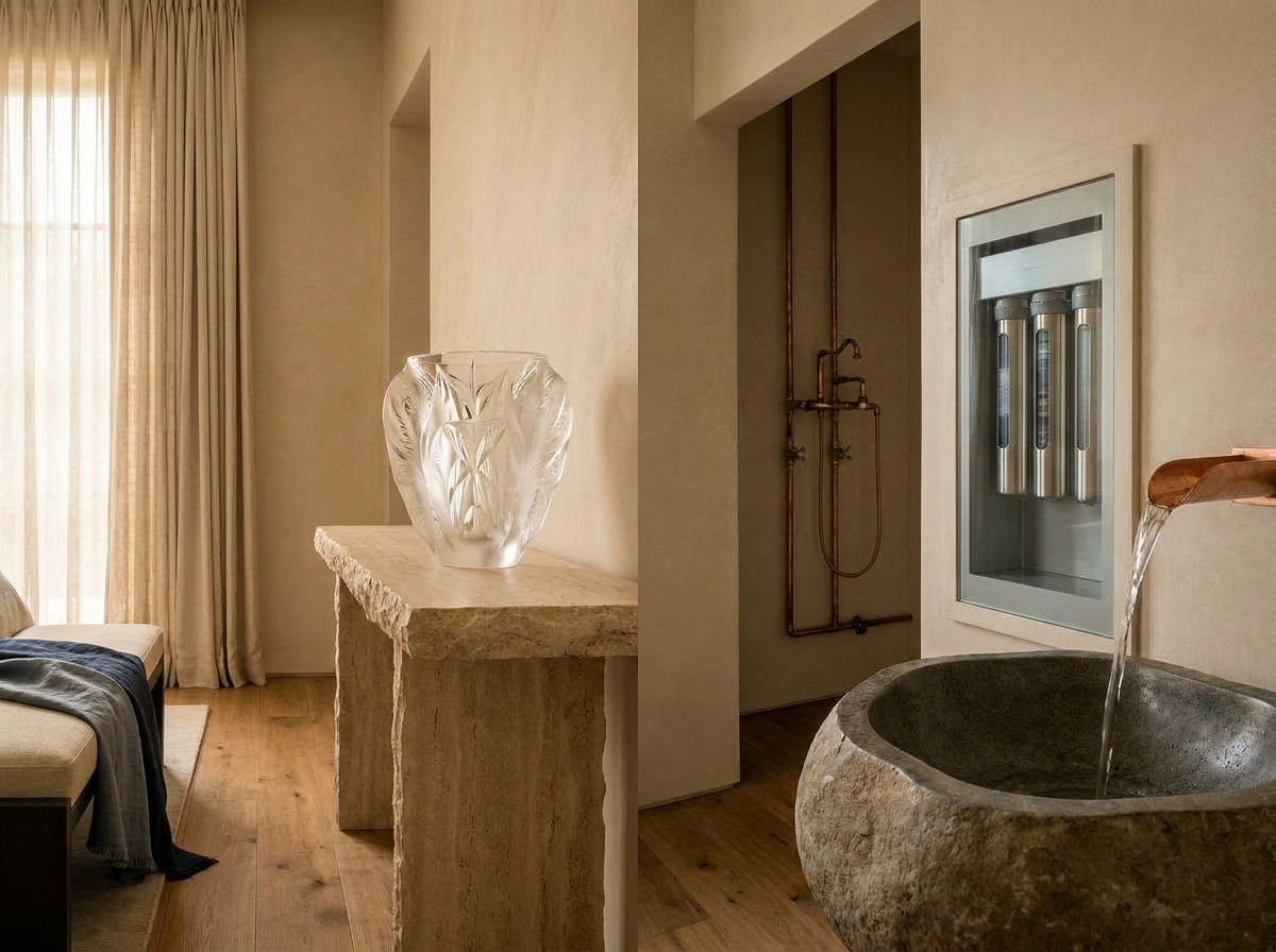 Ultra-luxury interior with prominent Lalique crystal vase — material purity and microplastics-free design by Beverly Hills Luxury Interiors