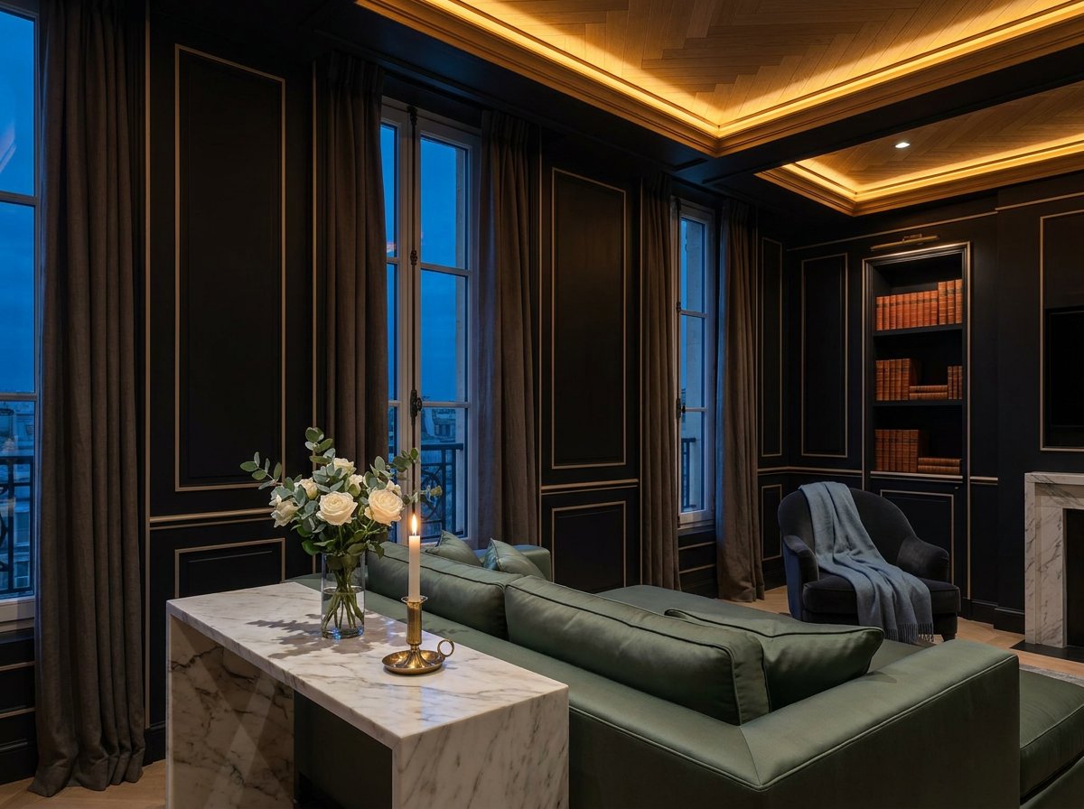 Ultra-luxury residential drawing room with warm amber circadian lighting, near-black panelled walls, deep sage green silk daybed, Calacatta marble console with glass vessel and white garden roses, slate blue cashmere armchair — The Biohacking Home: Six Pillars of Longevity Design by Beverly Hills Luxury Interiors