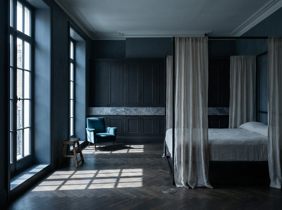 EMF shielding a bedroom — a shielded sleep environment in deep slate blue with a linen Faraday canopy, hardwired connectivity and dark oak herringbone parquet, specified by Beverly Hills Luxury Interiors