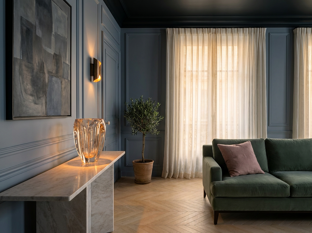 Ultra-luxury drawing room — sage green velvet sofa, Lalique crystal vase on marble console, slate-blue panelled wall, limestone herringbone floors — EBOO Longevity Home by Beverly Hills Luxury Interiors