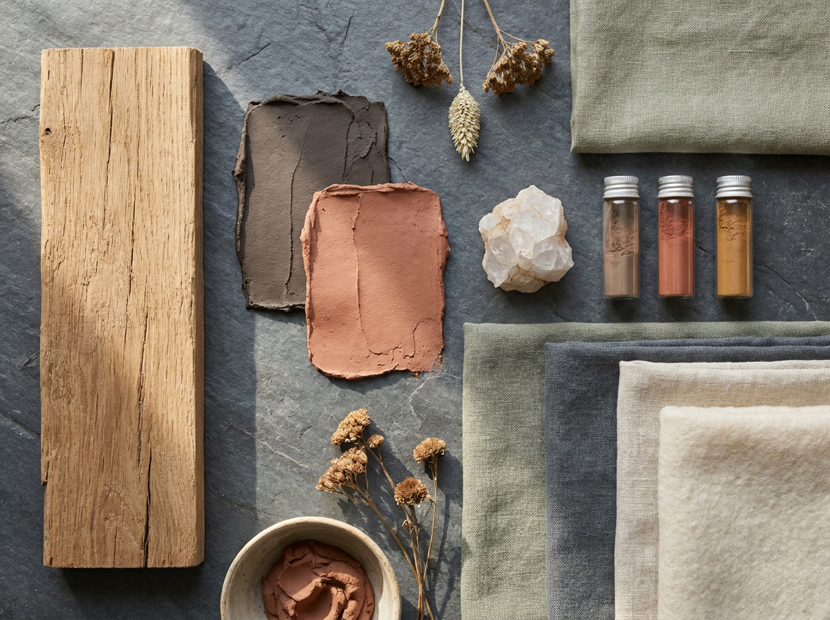 ÖND material purity — natural non-toxic oak, clay plaster and stone finishes free of microplastics