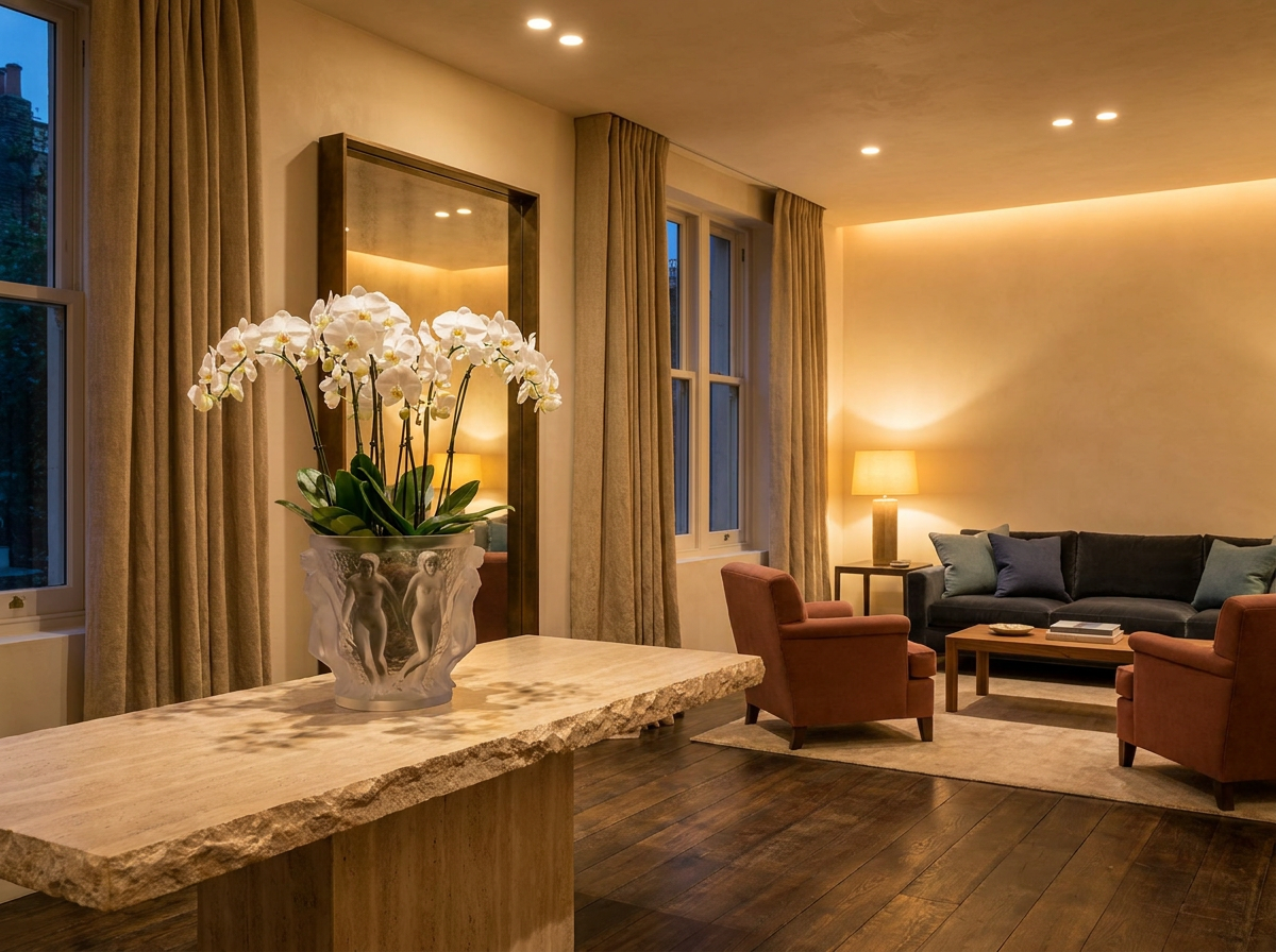 Ultra-luxury interior with prominent Lalique crystal vase — EBOO blood filtration longevity home design by Beverly Hills Luxury Interiors