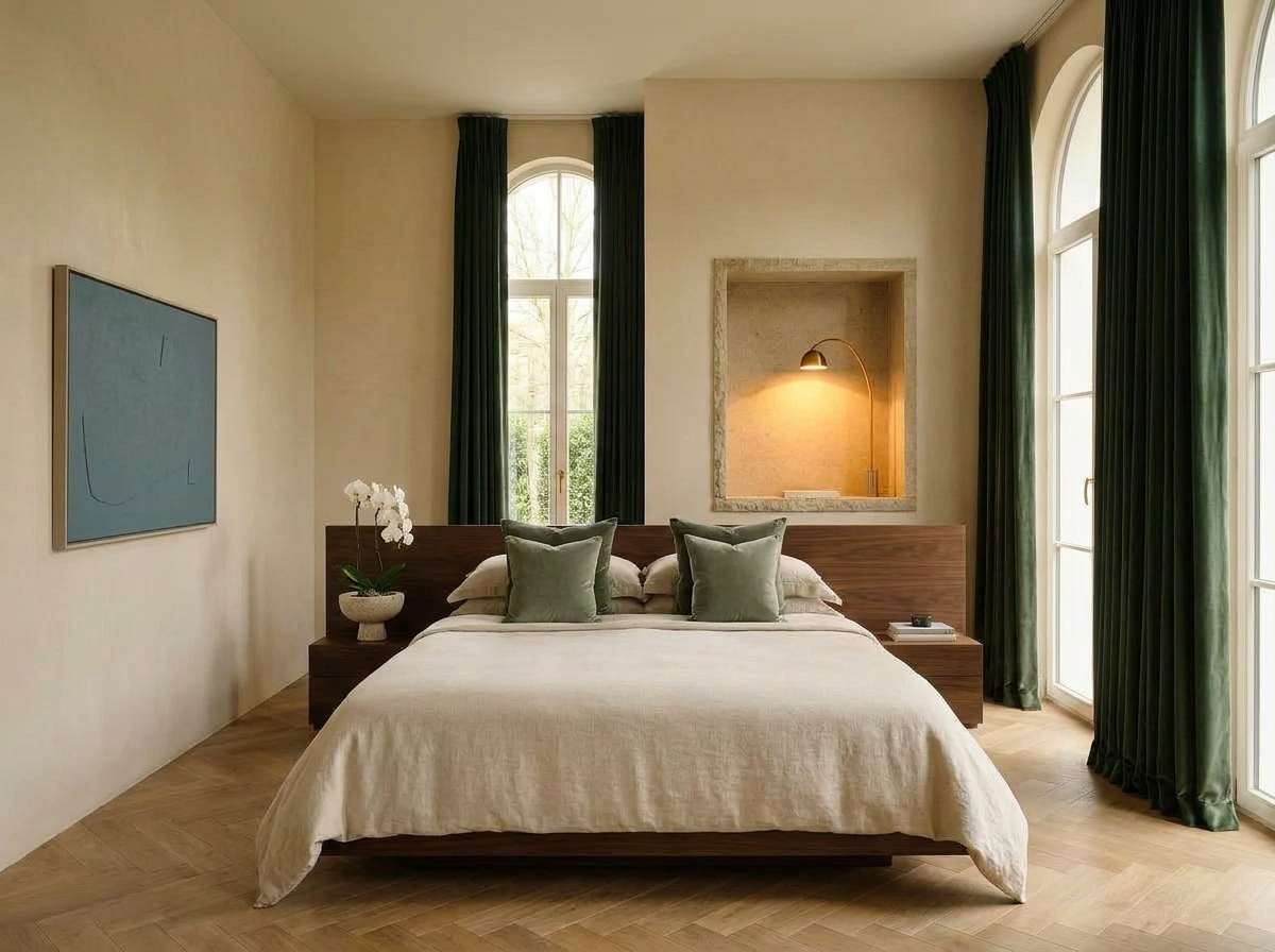Ultra-luxury bedroom retreat with deep forest green drapes, amber tunable lighting, natural linen — biohacking home six pillars of longevity by Beverly Hills Luxury Interiors