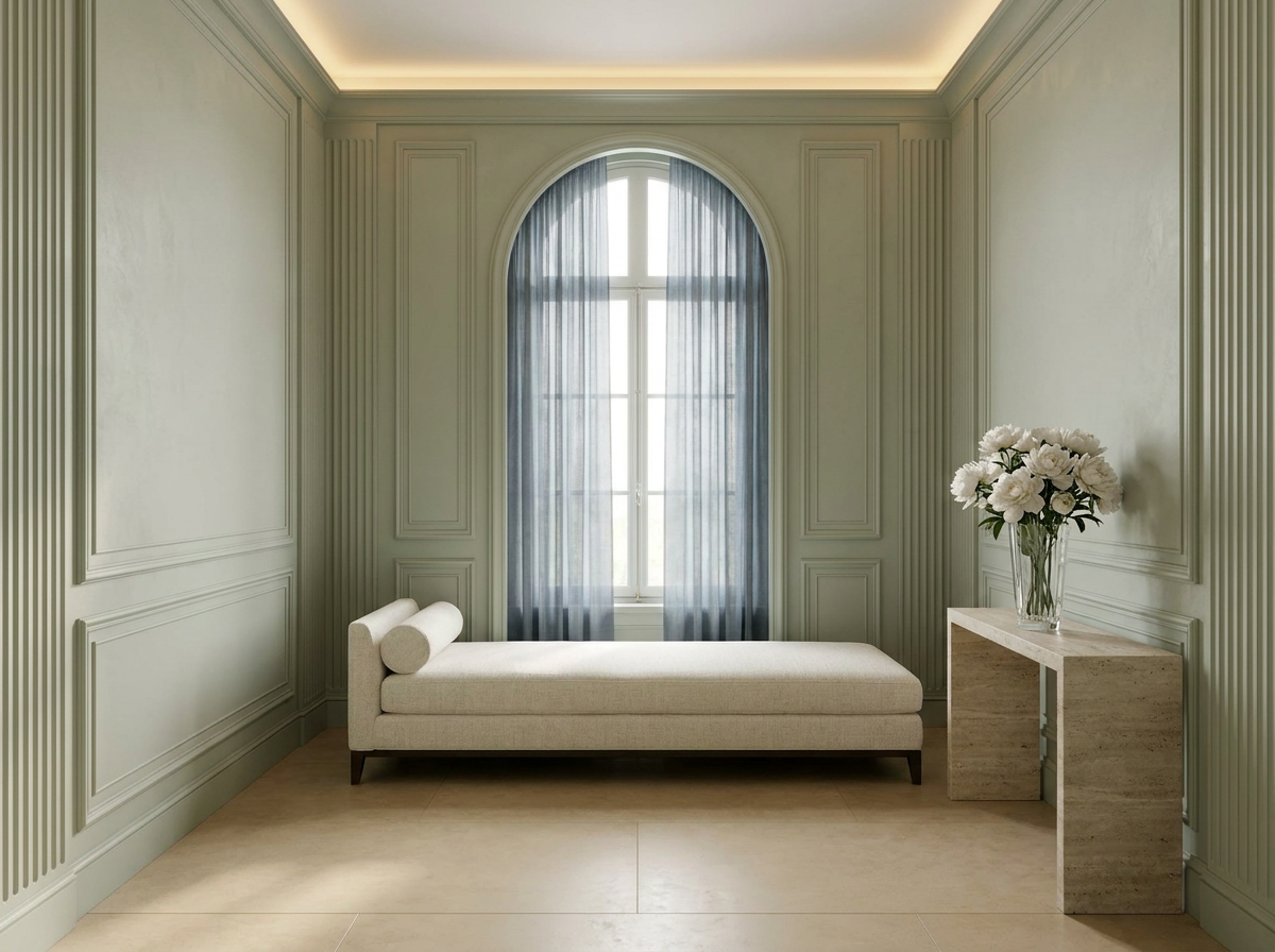 Ultra-luxury post-EBOO wellness recovery suite, sage green plaster walls, ivory linen daybed, clear crystal vase with white peonies, slate blue gauze curtains — EBOO blood filtration and longevity home design by Beverly Hills Luxury Interiors