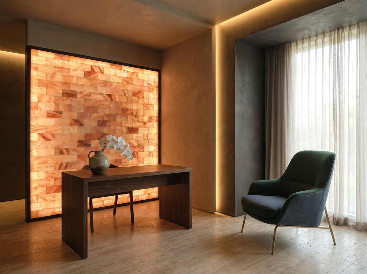 Ultra-luxury wellness sanctuary with a backlit wall of pink Himalayan salt bricks and concealed airflow, warm amber glow, walnut desk, white orchids, forest green and slate blue accents — Salt wall halotherapy design by Beverly Hills Luxury Interiors and ÖND | Life's Breath