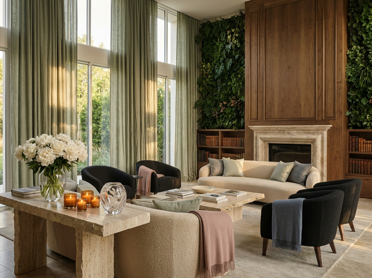 Ultra-luxury sitting room with sage linen drapes, crystal glass object, white peonies, and layered natural textures — Five Senses Framework by Beverly Hills Luxury Interiors