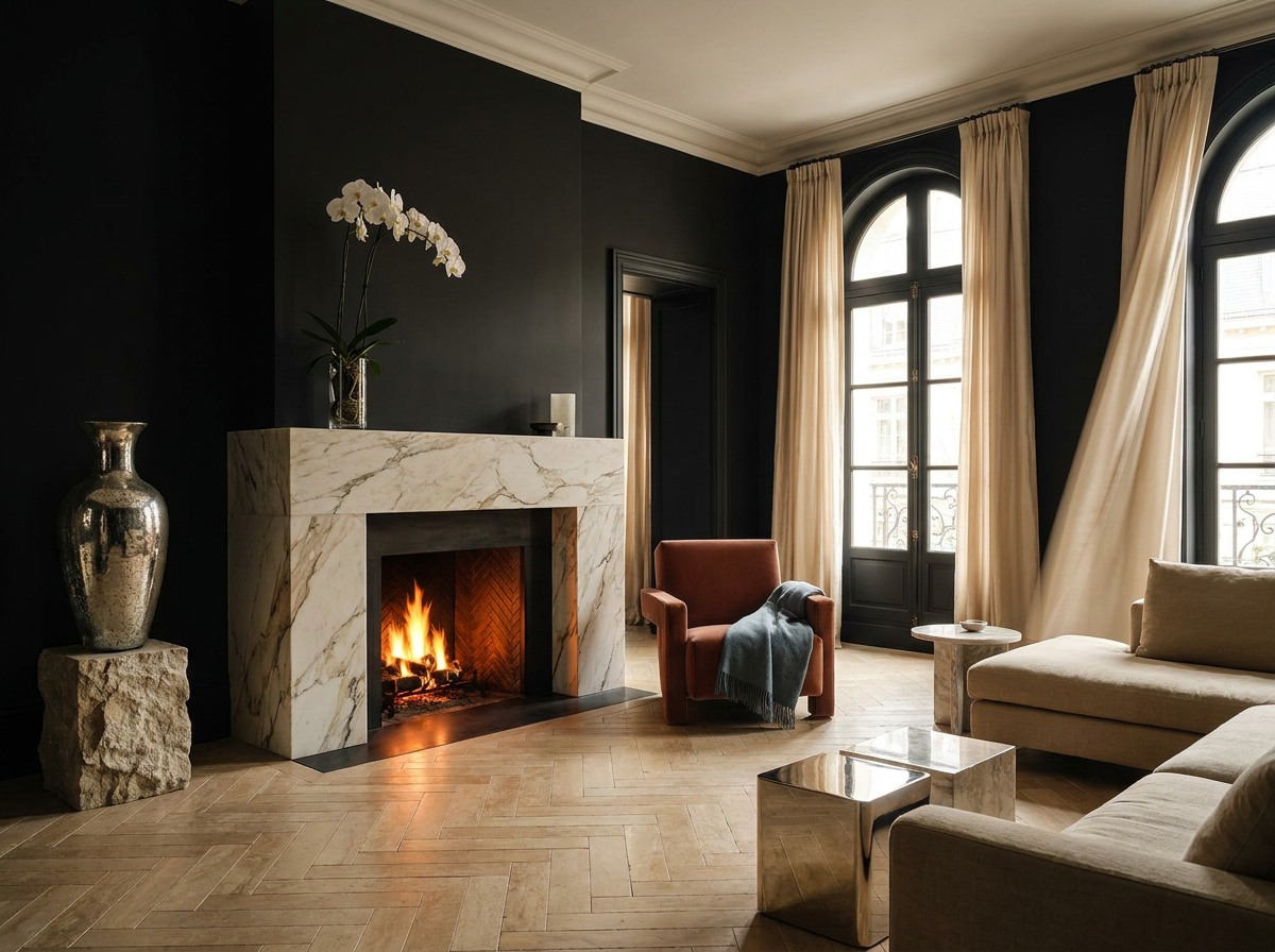 Ultra-luxury living room with marble fireplace, terracotta velvet armchair, mercury glass vessel and white orchids — Four Elements longevity design by Beverly Hills Luxury Interiors