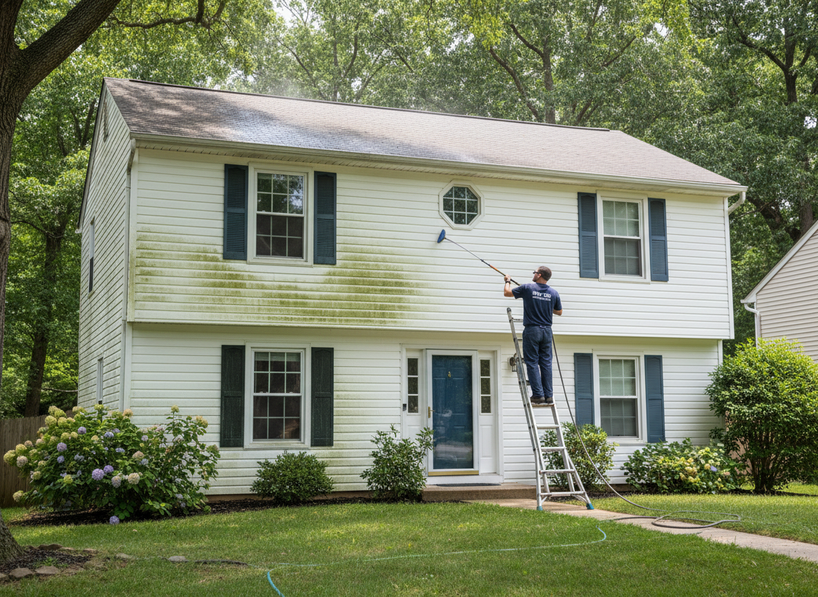 Professional house exterior soft washing service removing algae and mildew from residential siding in Champaign Illinois
