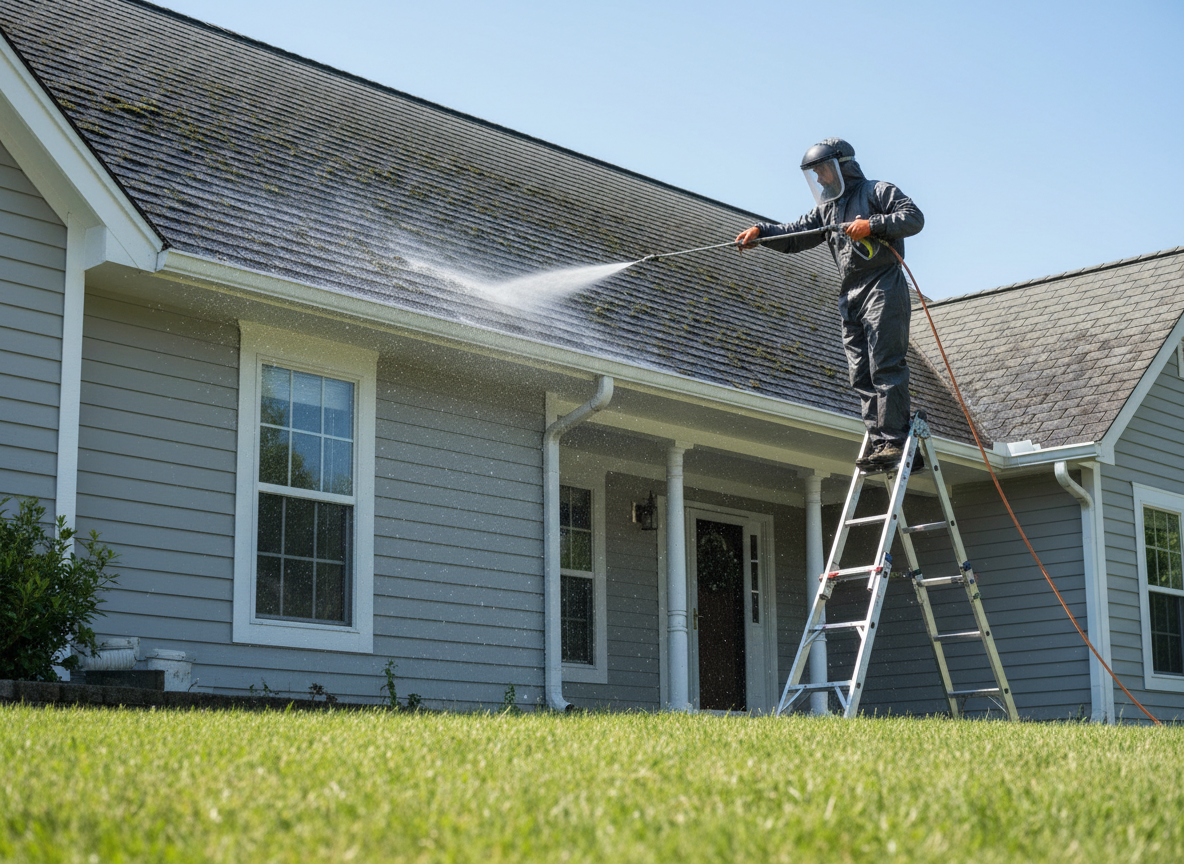 Roof and gutter cleaning service removing black streaks and moss from asphalt shingles