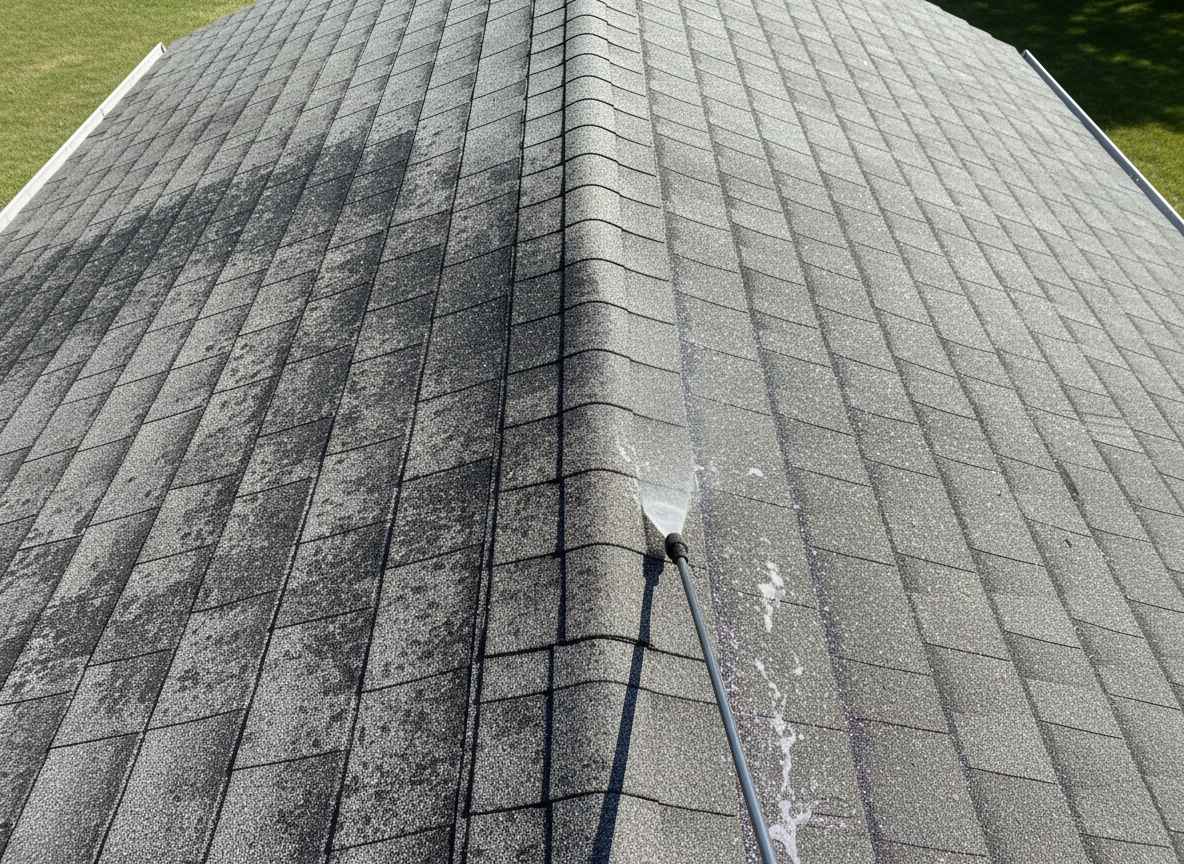 Roof wash and black streak removal using soft wash technique on asphalt shingles
