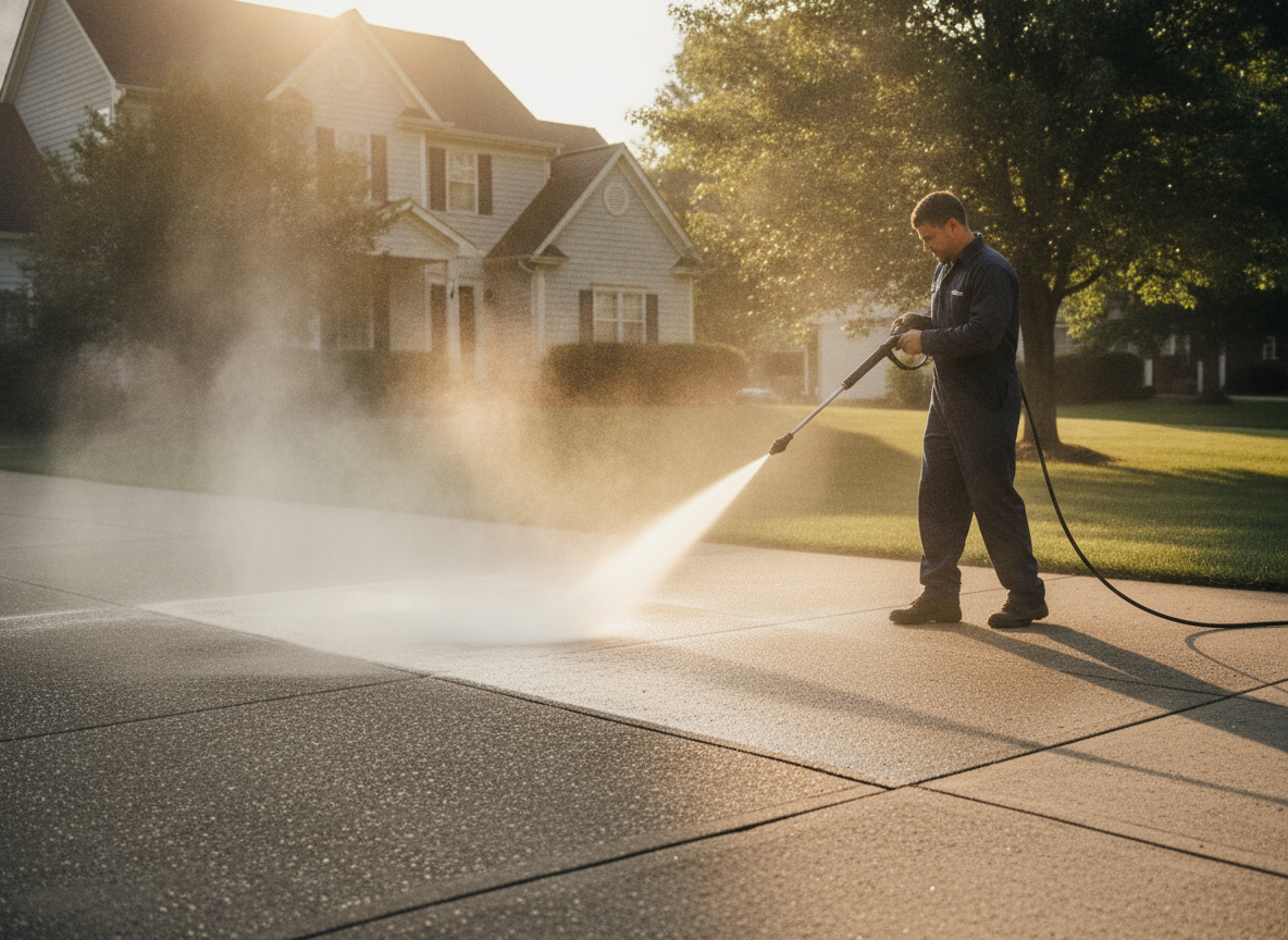 Professional power washing technician using commercial-grade pressure washer to clean a residential home exterior in Champaign Illinois with visible before and after results