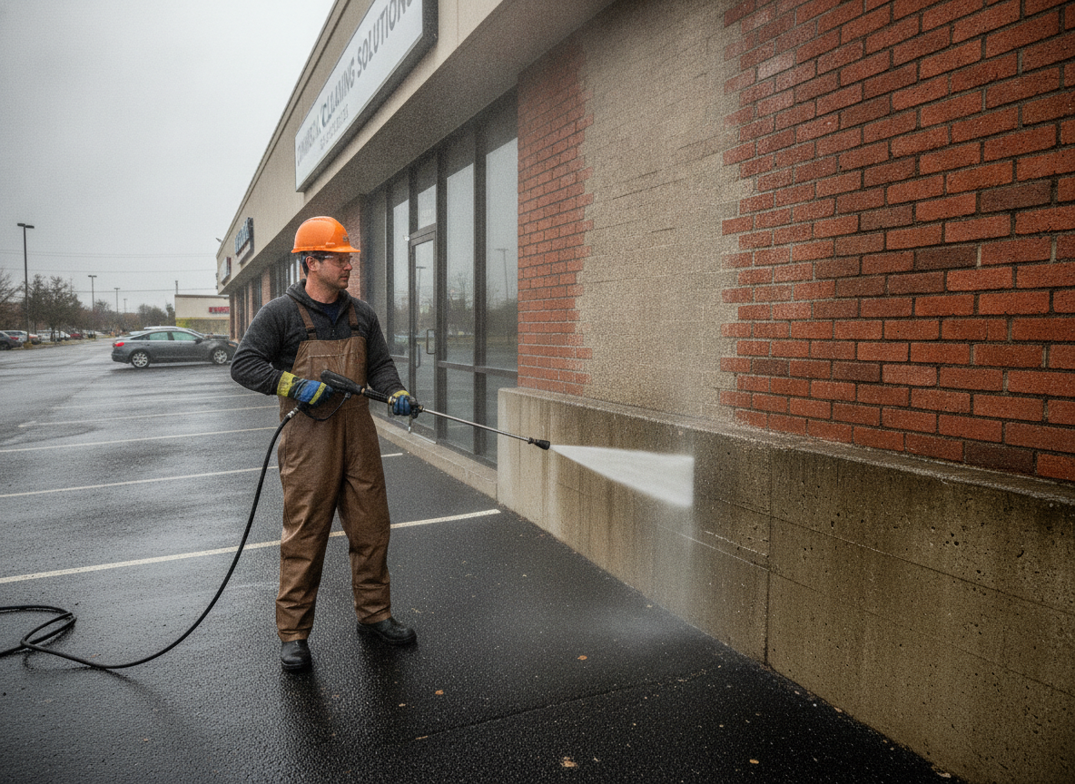Commercial building pressure washing service for storefronts and office buildings in Central Illinois