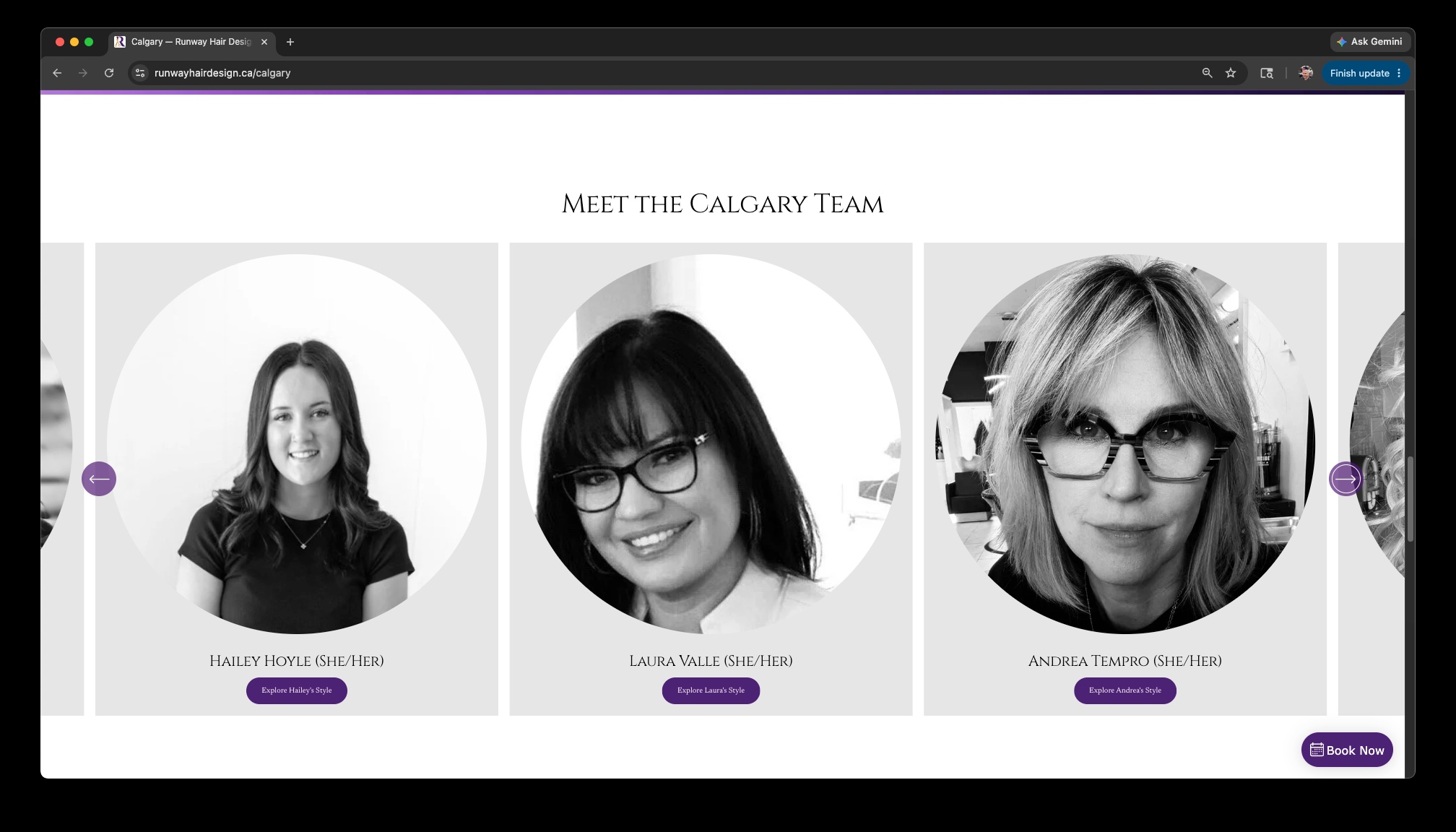 New Runway team page — circular photos with purple Explore Style buttons per stylist