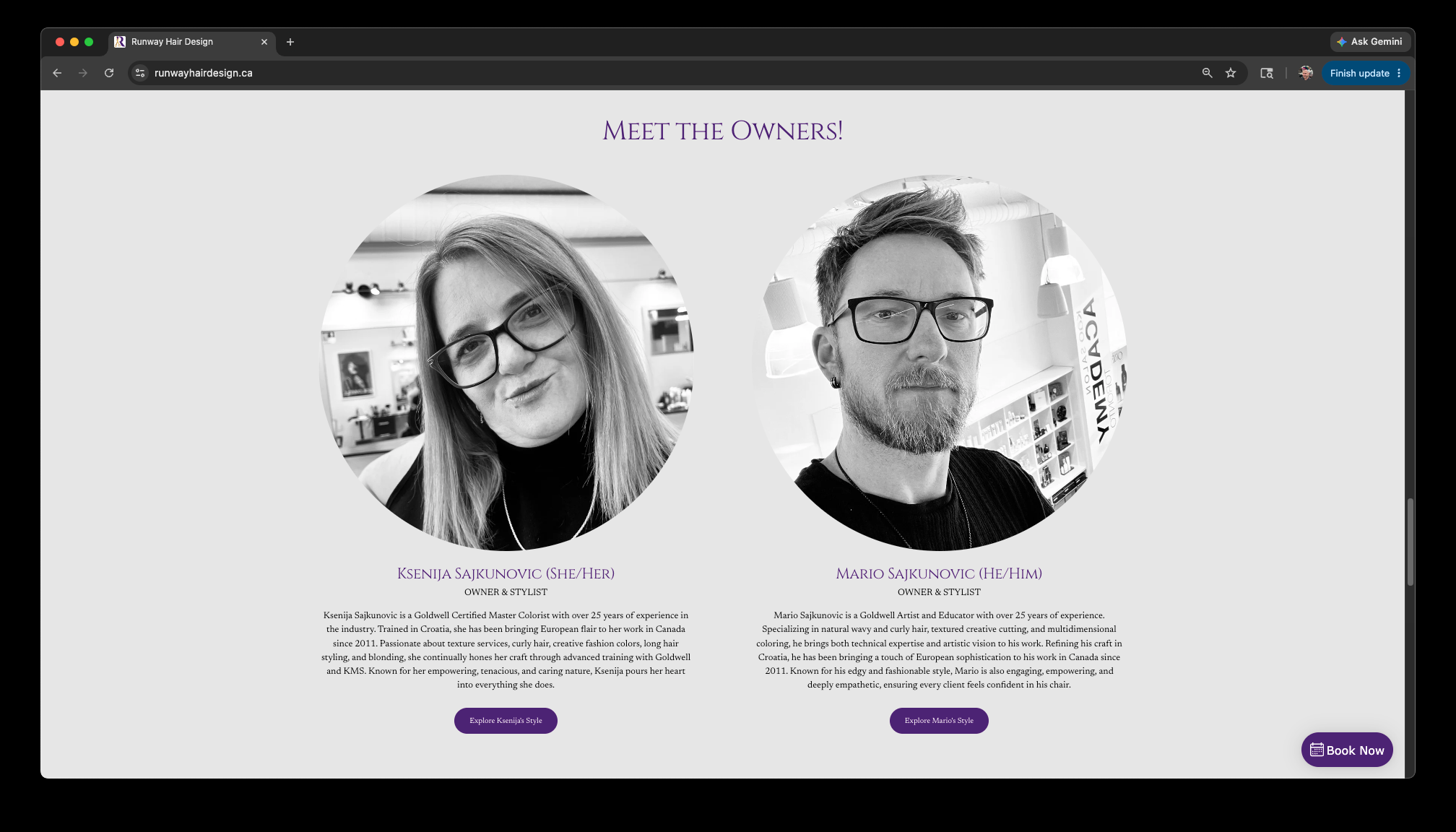 New Meet the Owners section — Ksenija and Mario Sajkunovic with circular portraits and bios