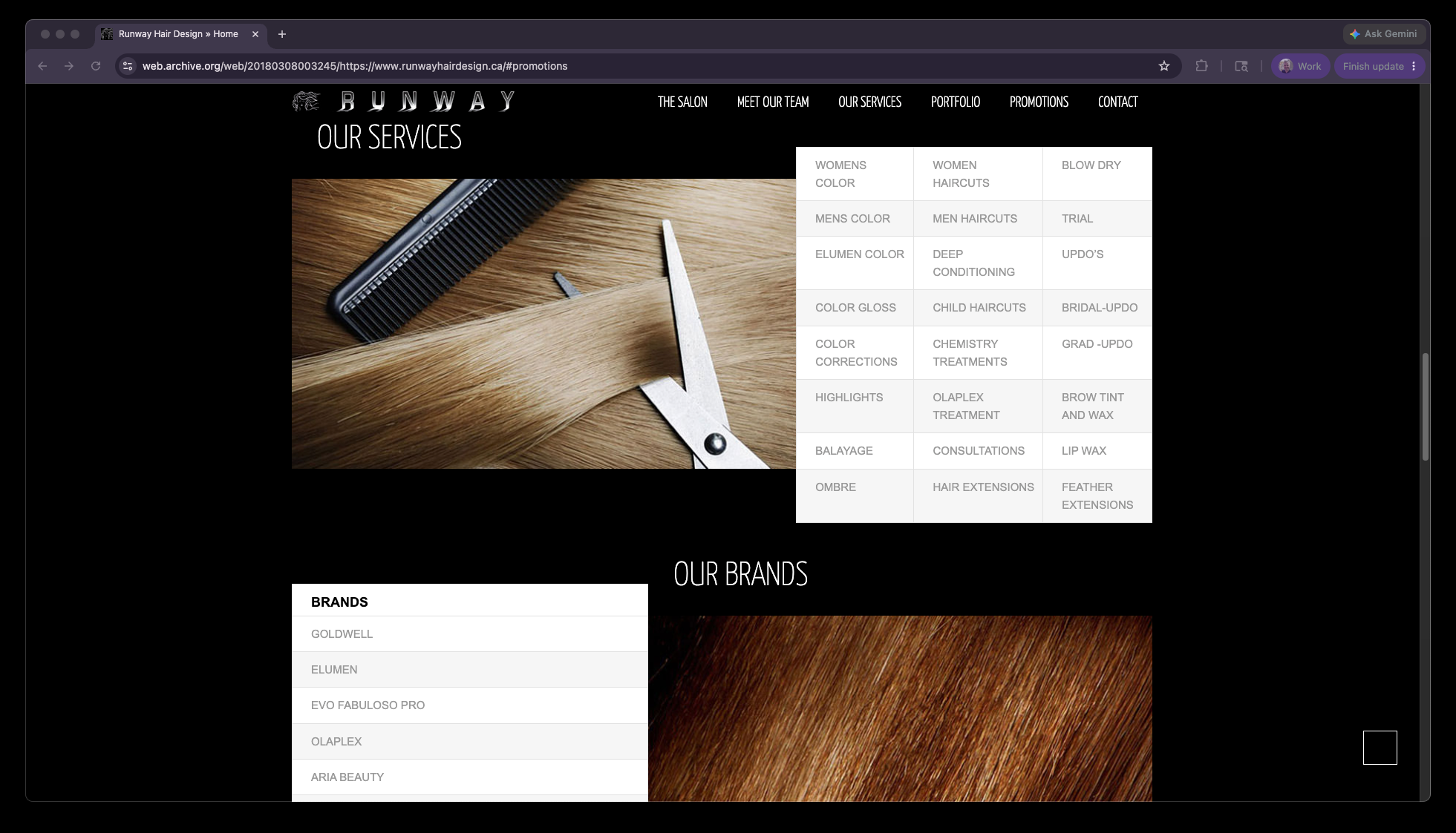 Old Runway services page — dark layout with plain table of services