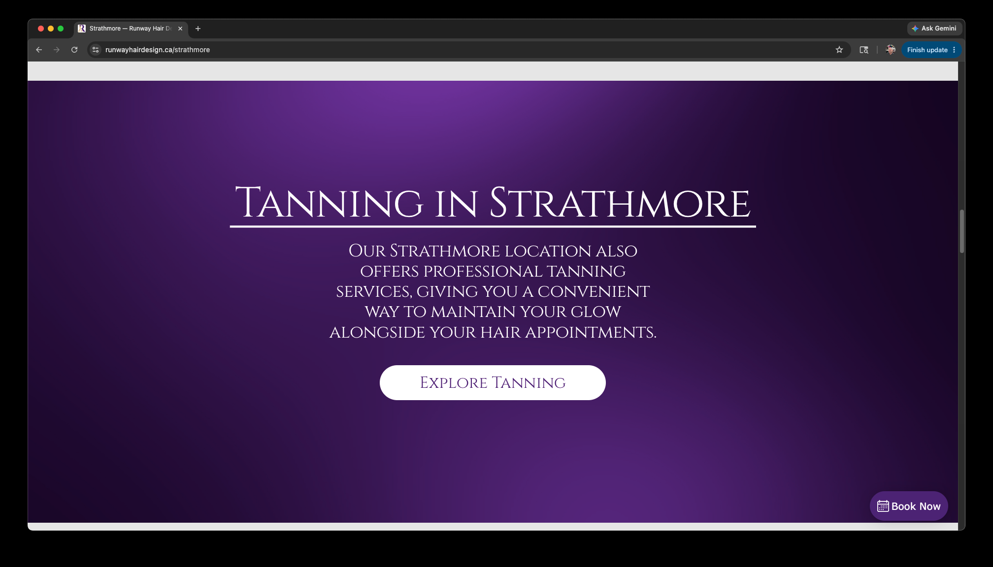 New Runway site — Tanning in Strathmore section, purple gradient with Explore Tanning CTA