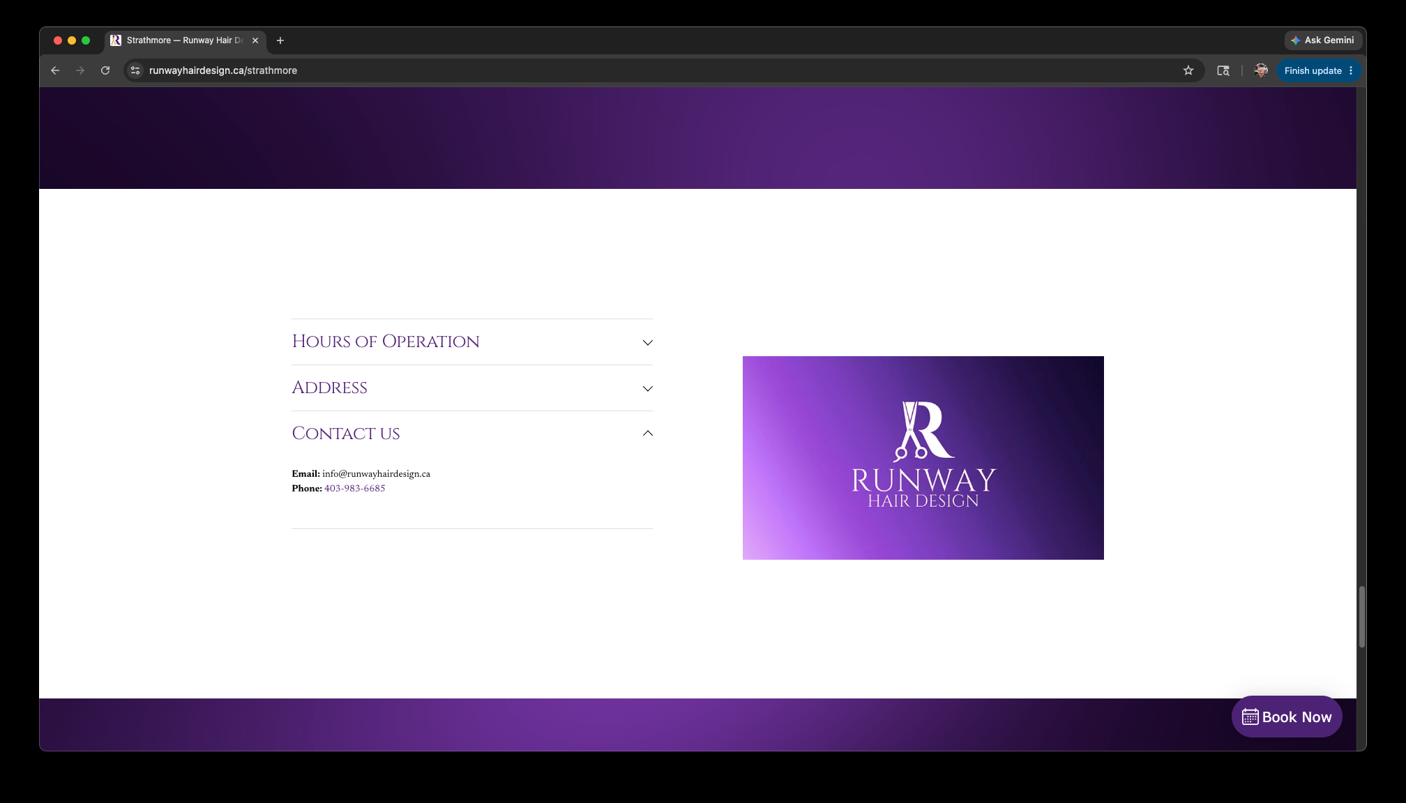 New Runway contact info — Hours, Address, Contact dropdowns with branded card