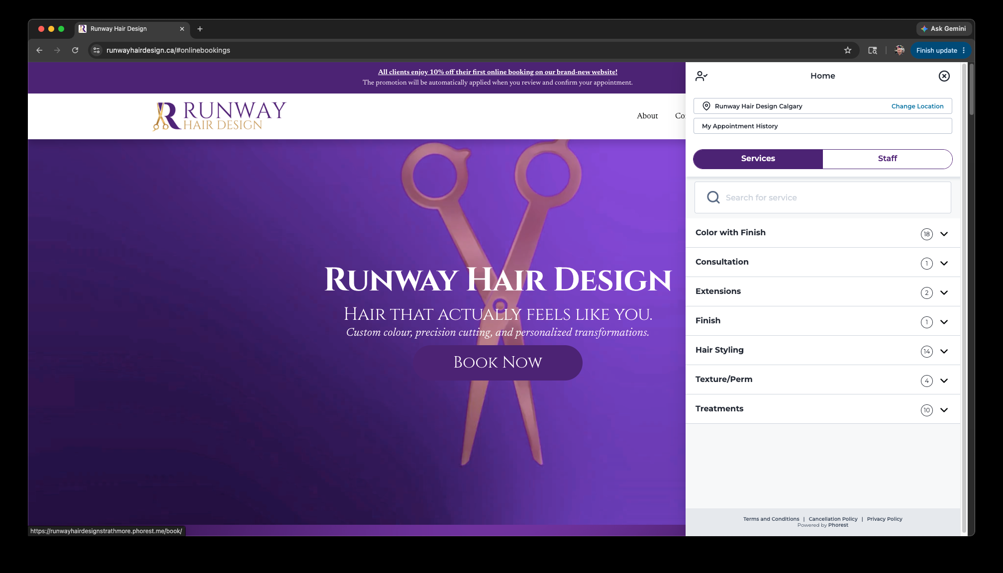 New Runway booking — Phorest software open with full service list