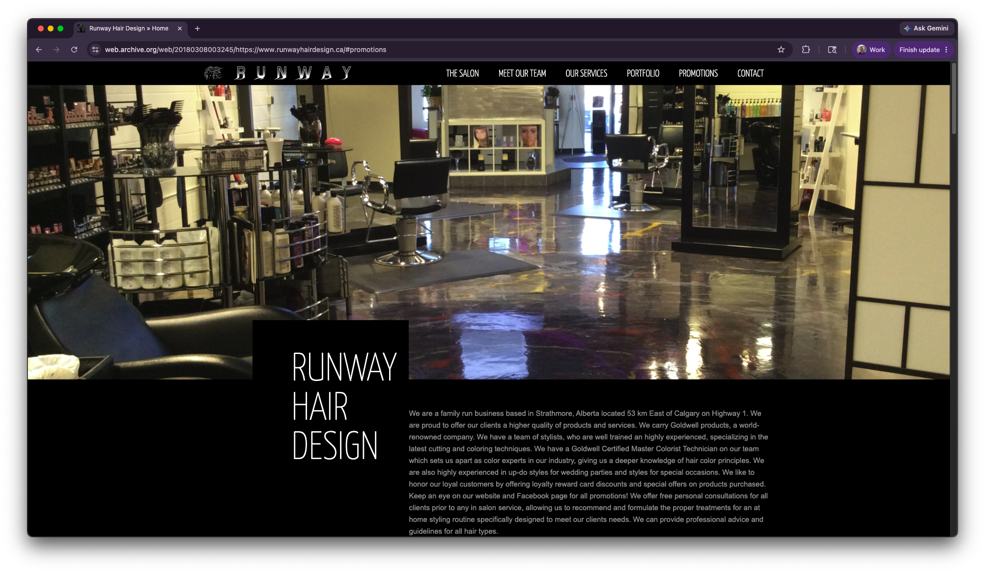 Old Runway Hair Design website homepage — dark layout, salon interior photo