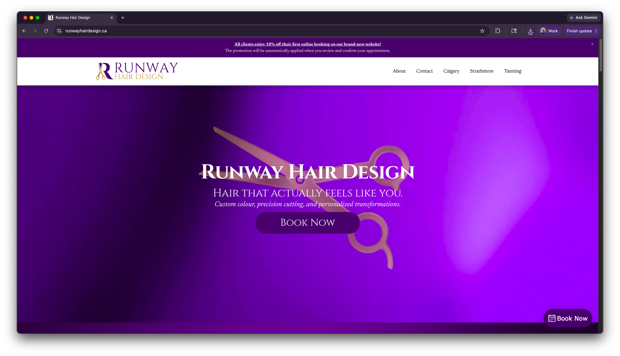 New Runway Hair Design homepage — purple gradient with scissors, Hair That Actually Feels Like You, Book Now