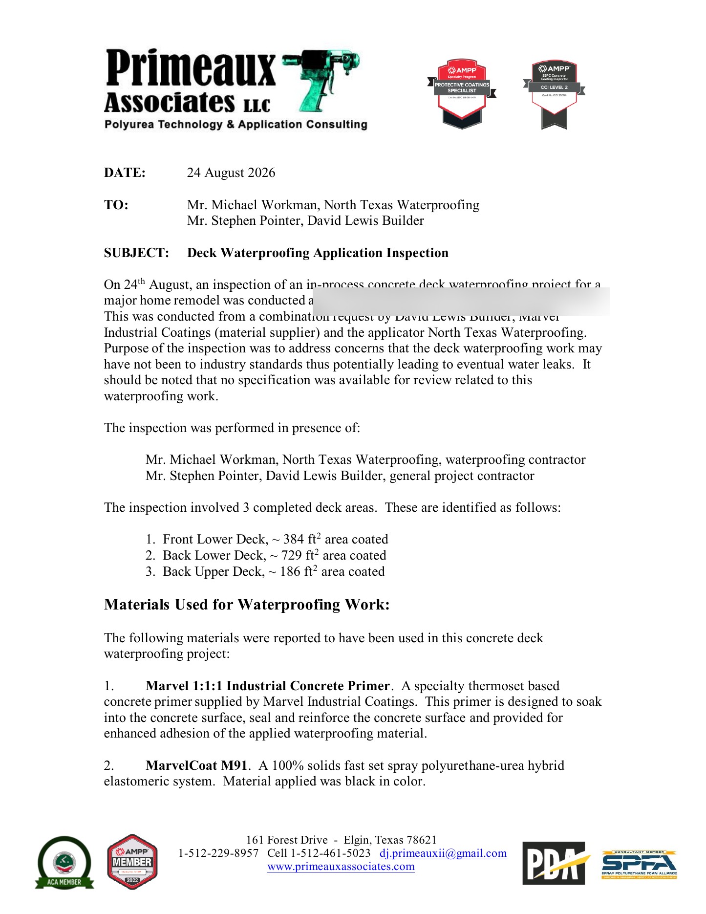 Independent waterproofing inspection report cover page