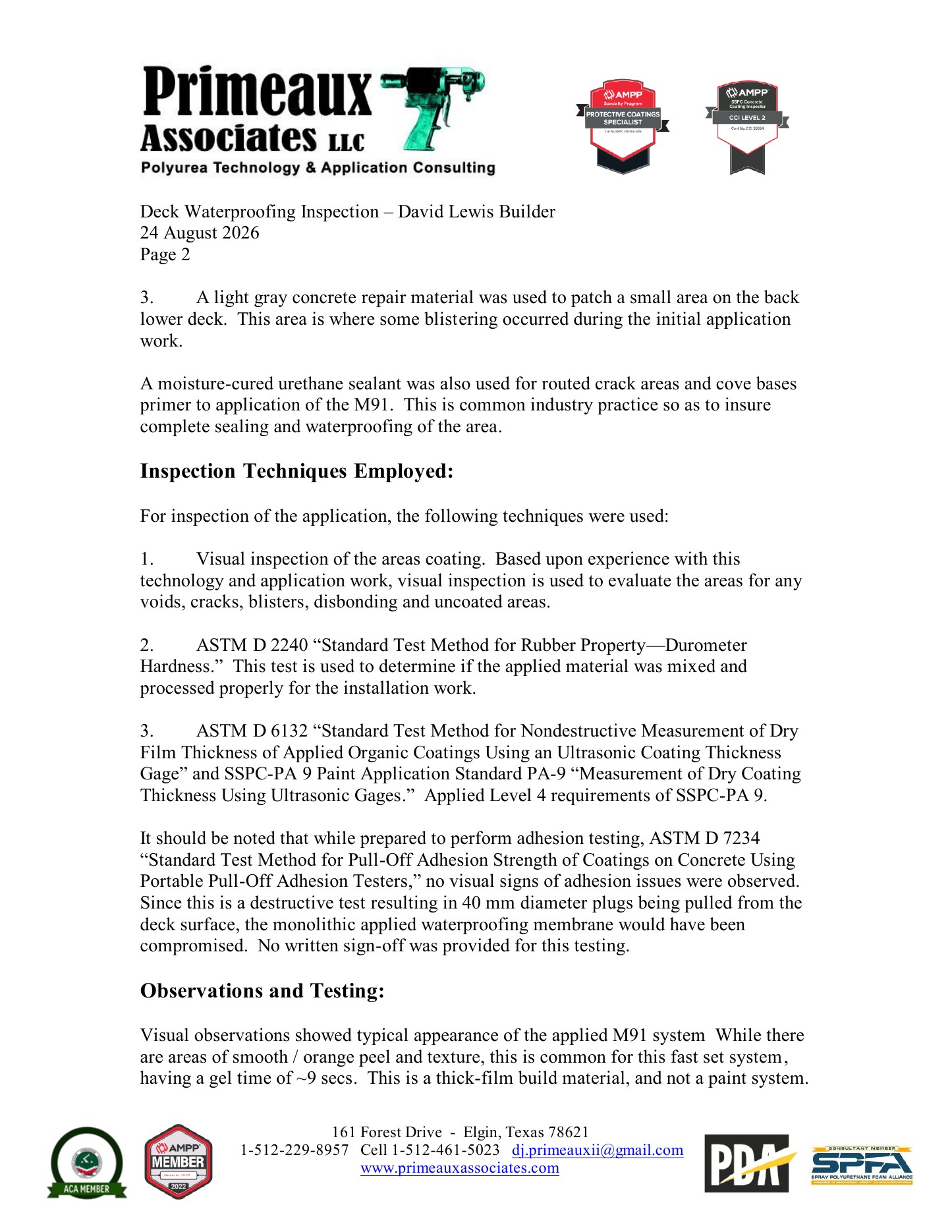 Inspection report, page 2 — inspection techniques: visual survey, ASTM D 2240 durometer, ASTM D 6132 ultrasonic film thickness