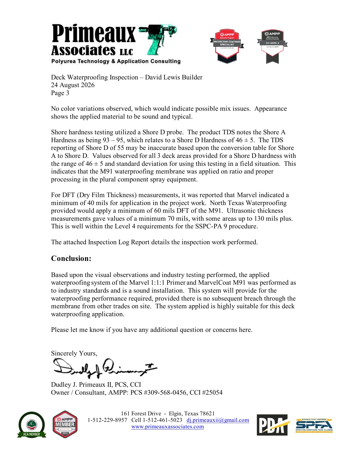 Inspection report, page 3 — observations, measured film thickness, and the written conclusion