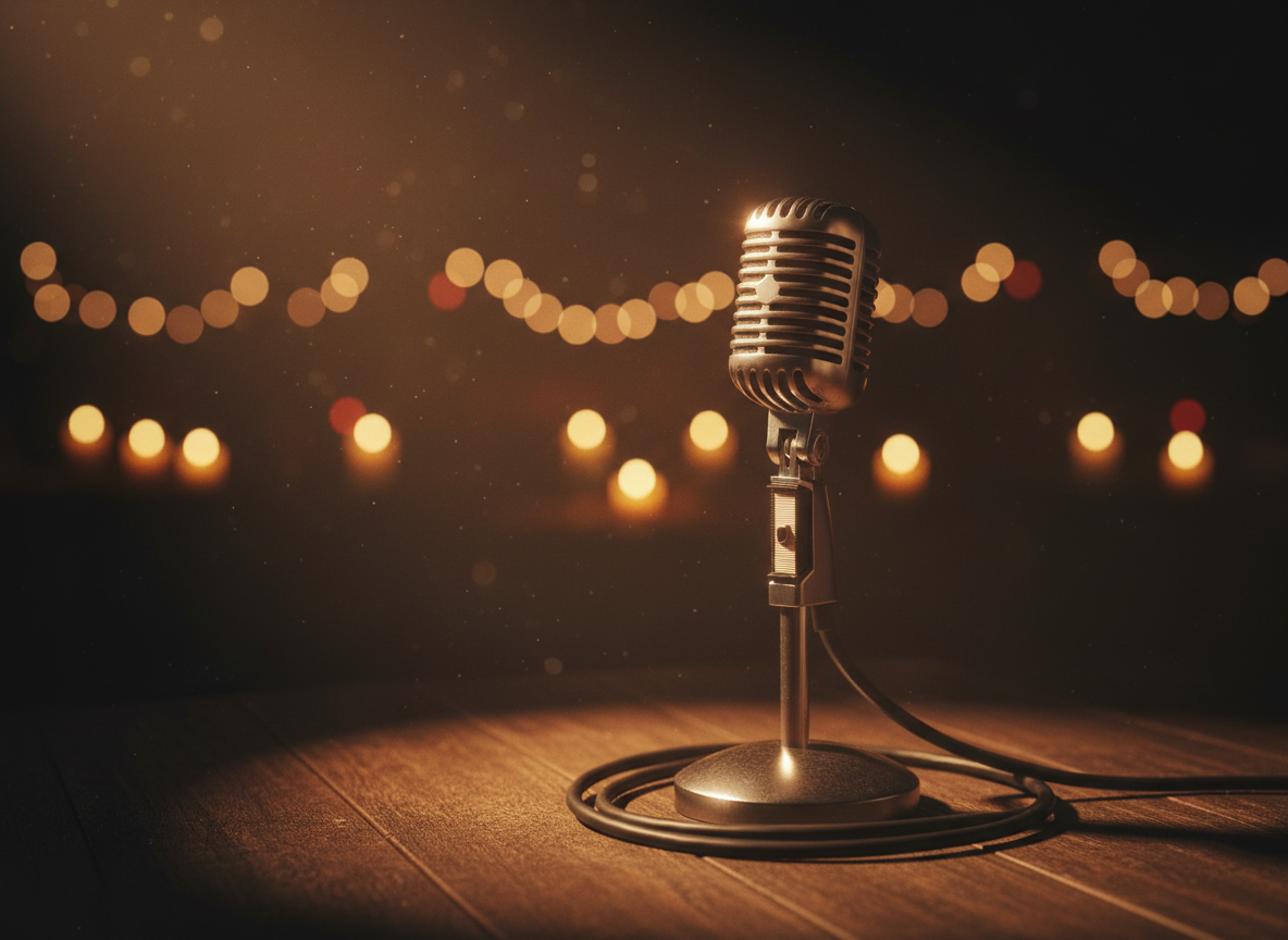 Vintage microphone on stage with warm amber spotlight