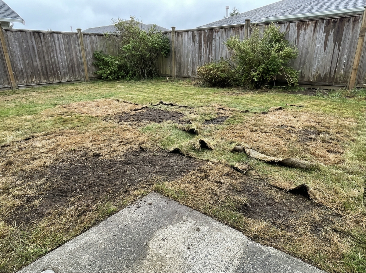 Grub-damaged lawn before treatment