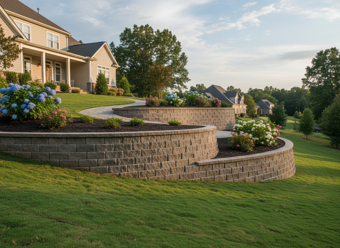 Completed segmental block retaining wall on a residential hillside property in Sumter SC preventing soil erosion and creating level yard space