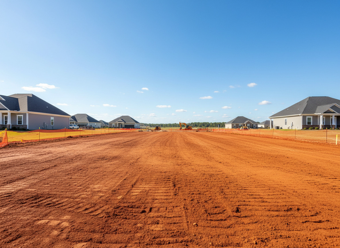 Freshly cleared and graded residential lot ready for new construction with clean flat land and red South Carolina clay soil in Blythewood SC
