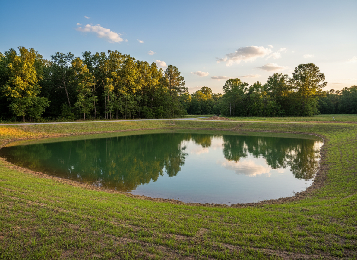 Completed stormwater drainage retention pond with graded banks on a rural property in Manning SC for flood prevention and water management