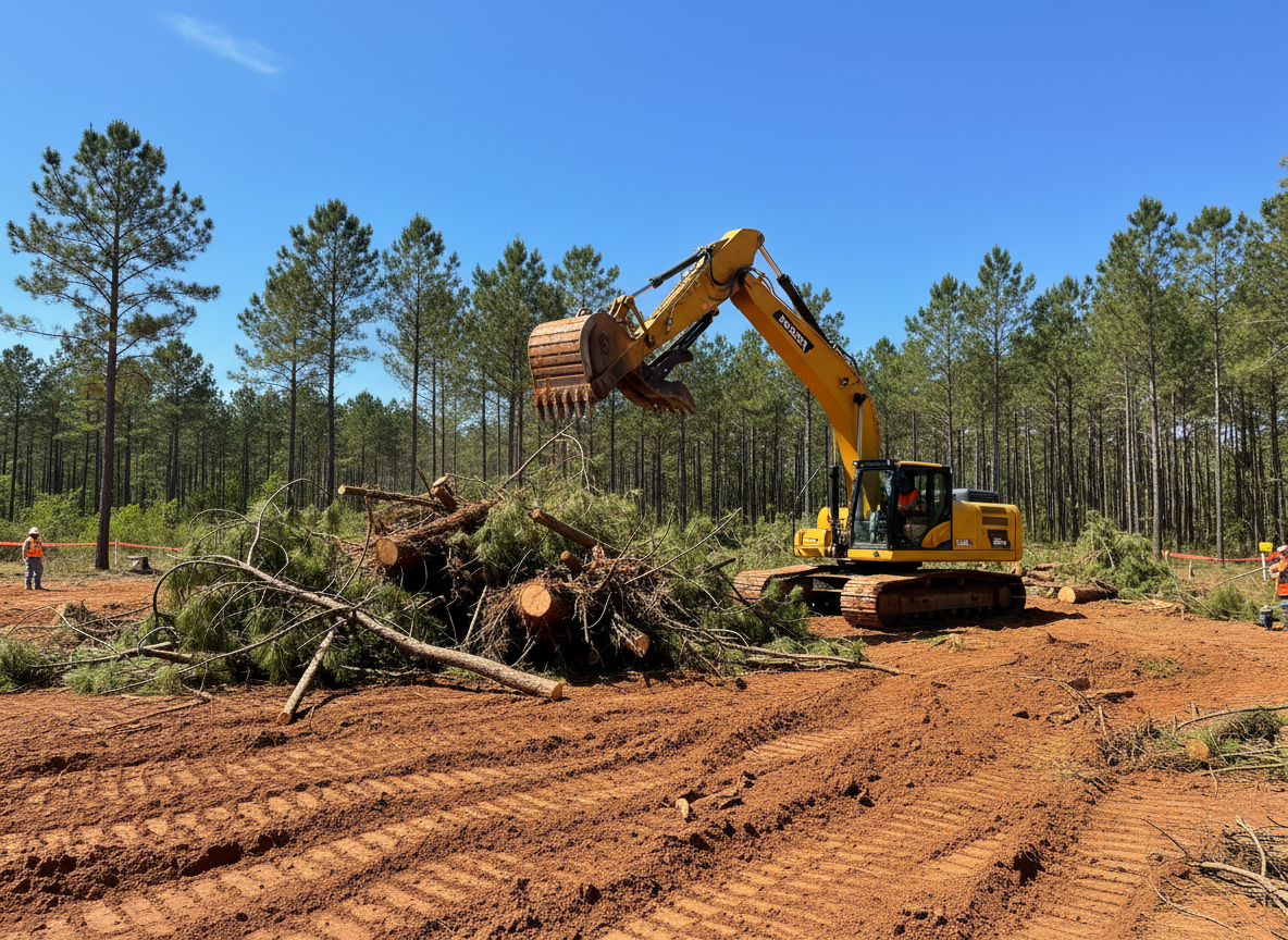 Heavy equipment clearing trees and brush from a wooded residential lot in Columbia SC for new home construction site preparation