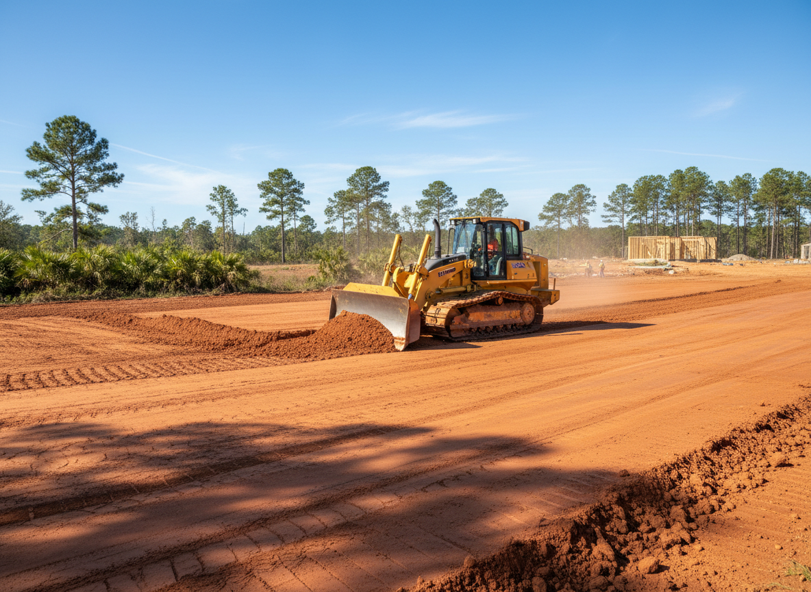 Bulldozer grading and leveling a residential lot with red clay soil in South Carolina for new home foundation preparation