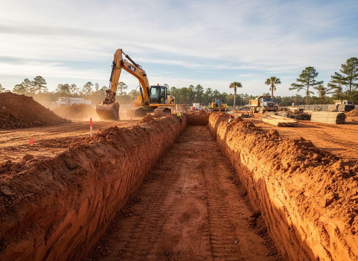 Excavation project showing deep foundation trench dug with excavator in red clay soil for residential construction in Irmo SC