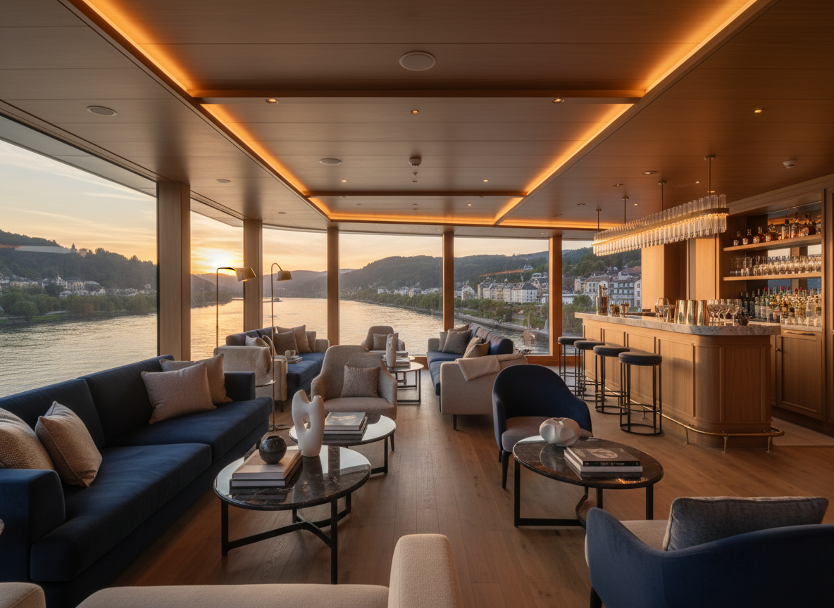 Luxury cruise ship lounge with cocktails at golden hour