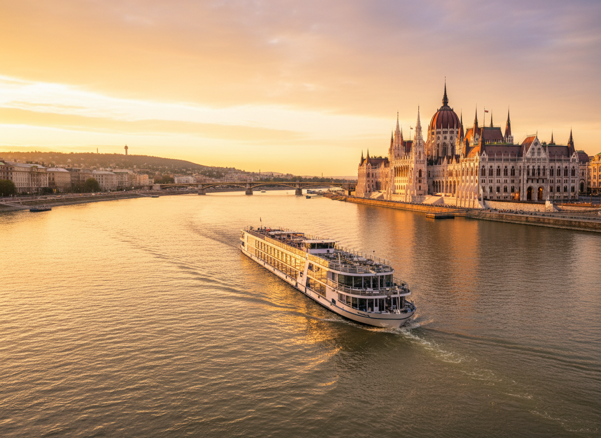 The Danube River at golden hour with a luxury cruise ship and European architecture