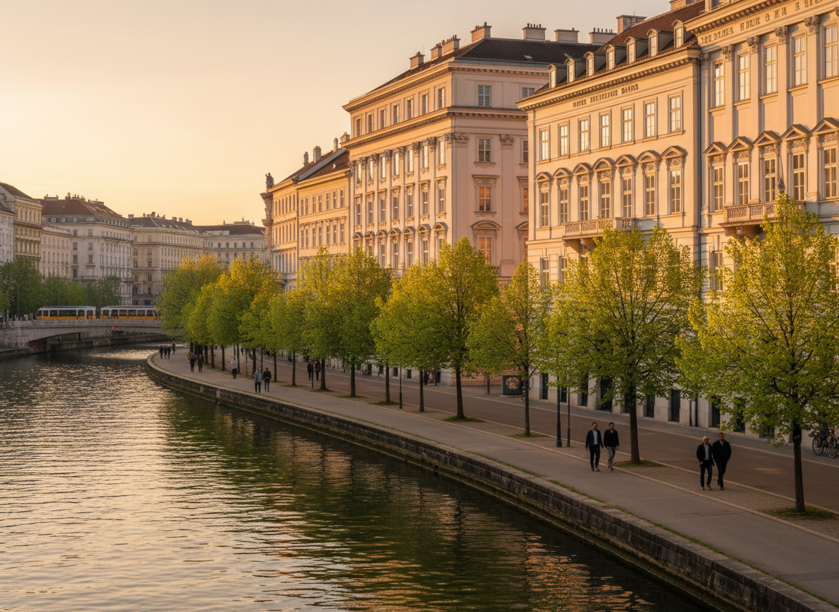 Vienna golden hour architecture along the Danube