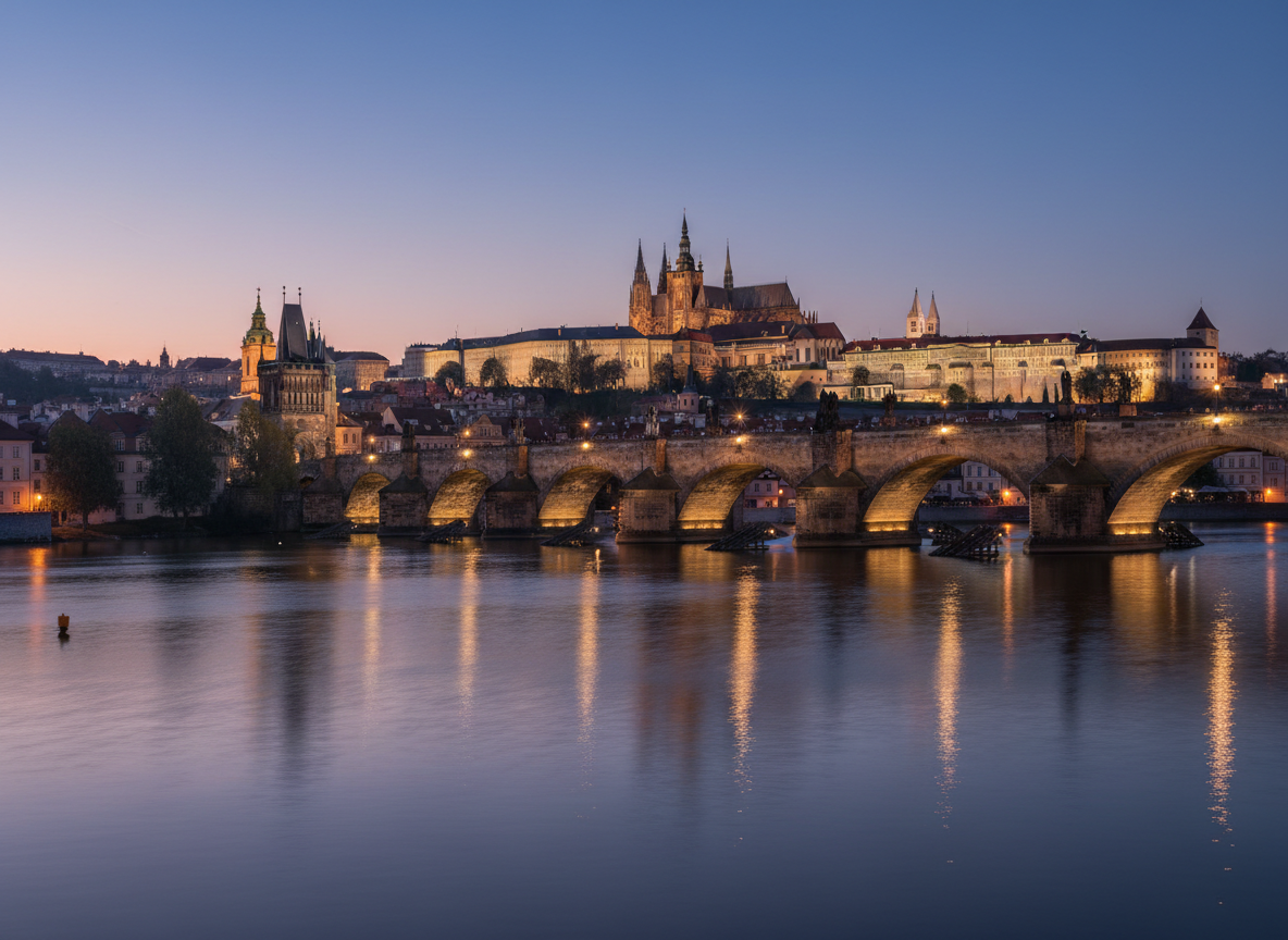 Prague evening cityscape with Charles Bridge and Prague Castle