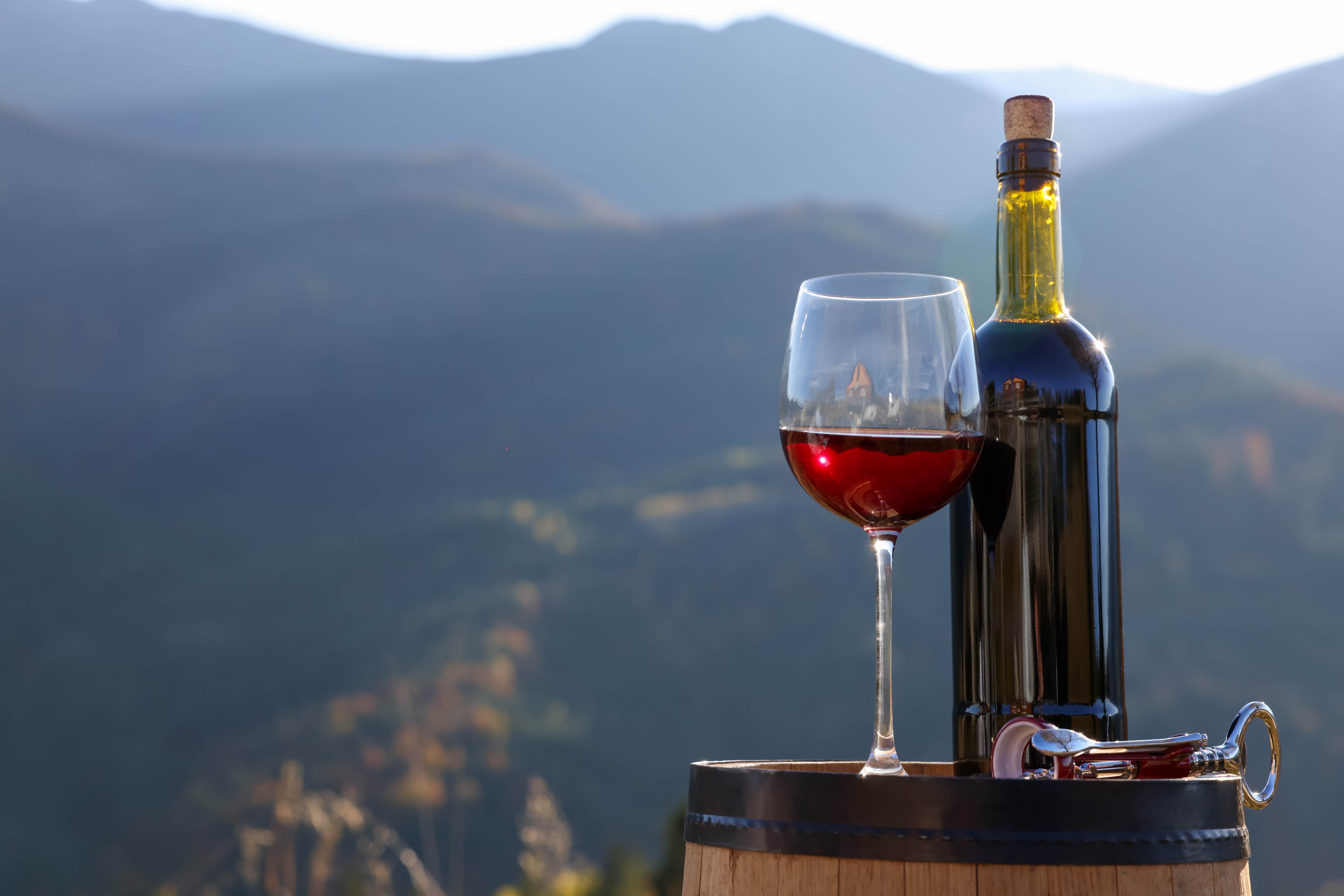 Red wine glass and bottle on a barrel with mountain scenery