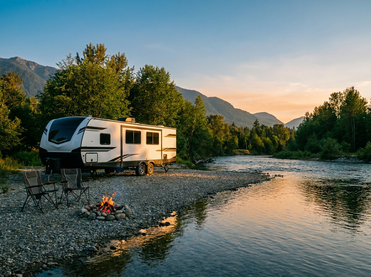 Modern travel trailer by a river with campfire and chairs
