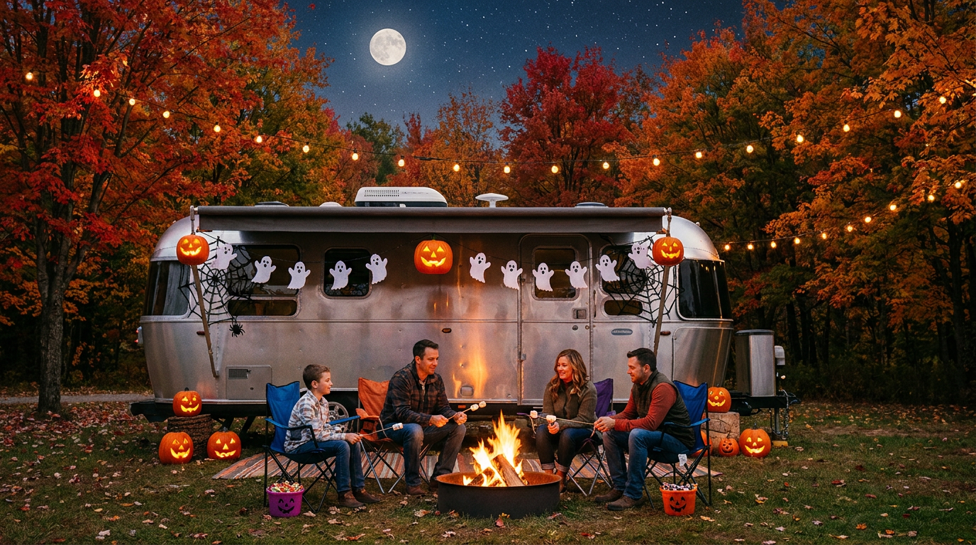 Family-friendly Halloween campsite with RV decorated with pumpkins and festive lights